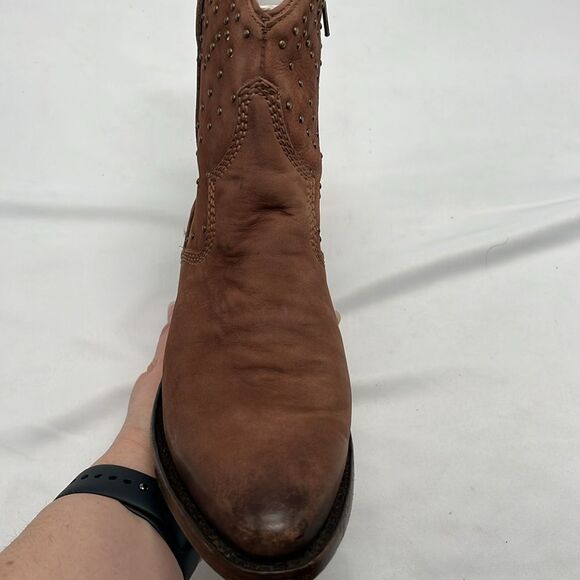 Discontinued Lucchese Brown Suede Ankle Zip Up Cowboy Boots with Studs - Picture 10 of 16